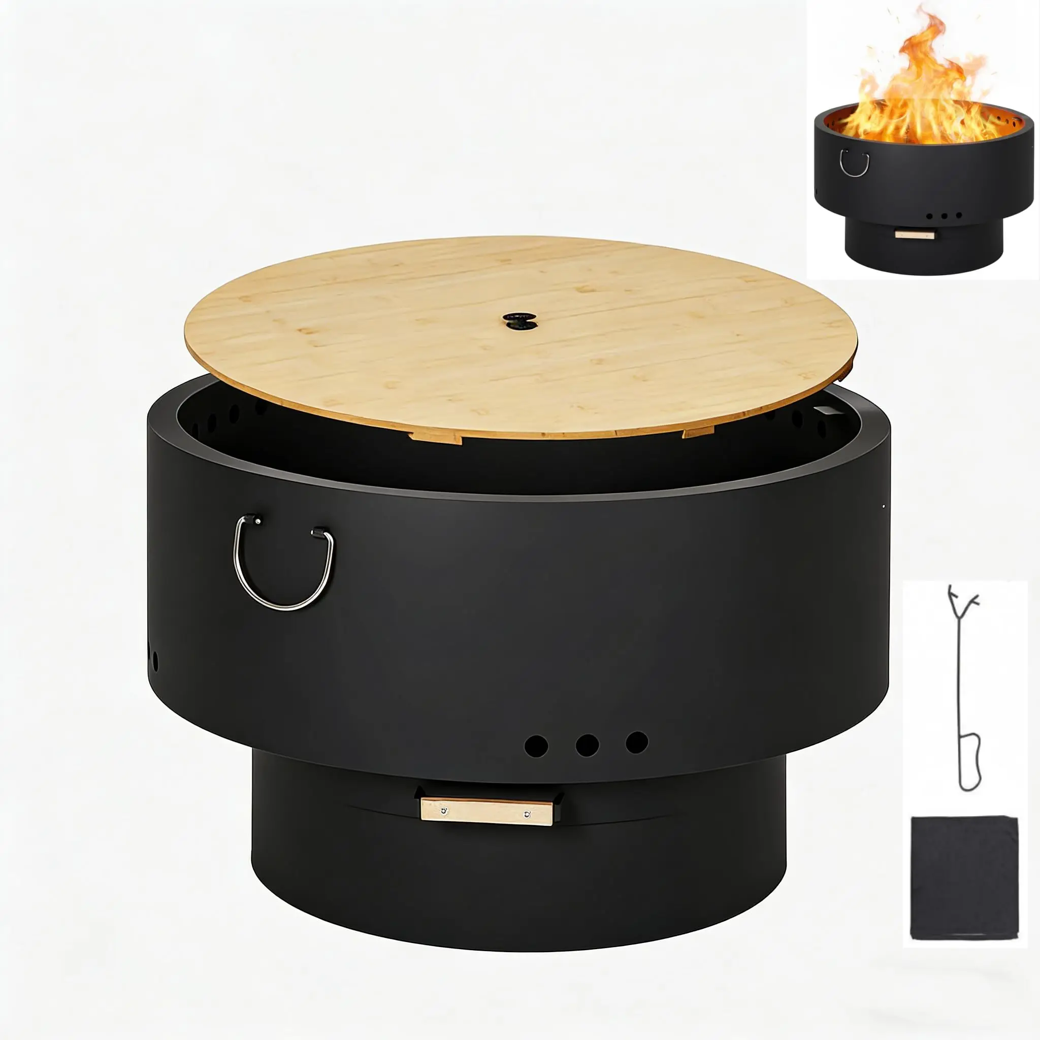 Smokeless Firewood Heating Outdoor Fire Pit - 30 Inch Portable Carbon Steel Fireplace with Removable Ash Pan, Fire Poker & Hardwood Top - Ideal for Backyard, Camping, and Picnics
