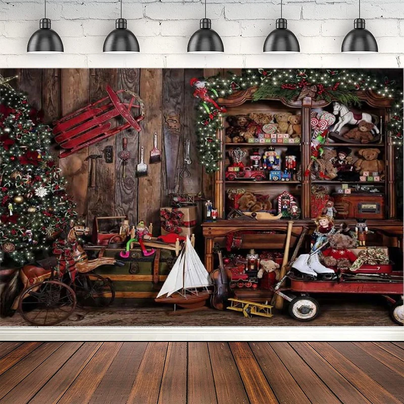 Christmas Rustic Wood Floor Photography Backdrop Work Room Christmas Tree Sled Background Poster For Photo Studio Trojan Horse