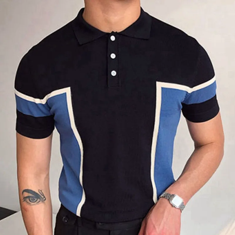 Summer Men’s Knitted Elastic Breathable Polo Shirt Fashion Casual Black and Blue Contrast T-Shirt Short Sleeve Lapel Striped Top