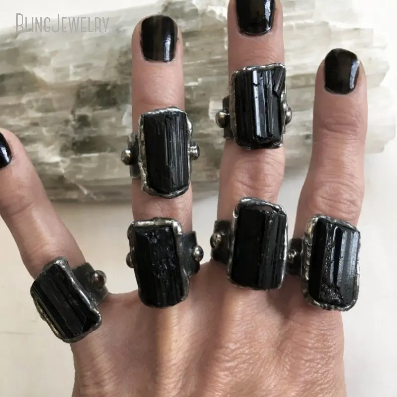 Raw Black Tourmaline Crystal Gemstone Ring Large Schorl Adjustable Size 5 6 7 8 Goth Witch Wicca Boho Women Jewelry