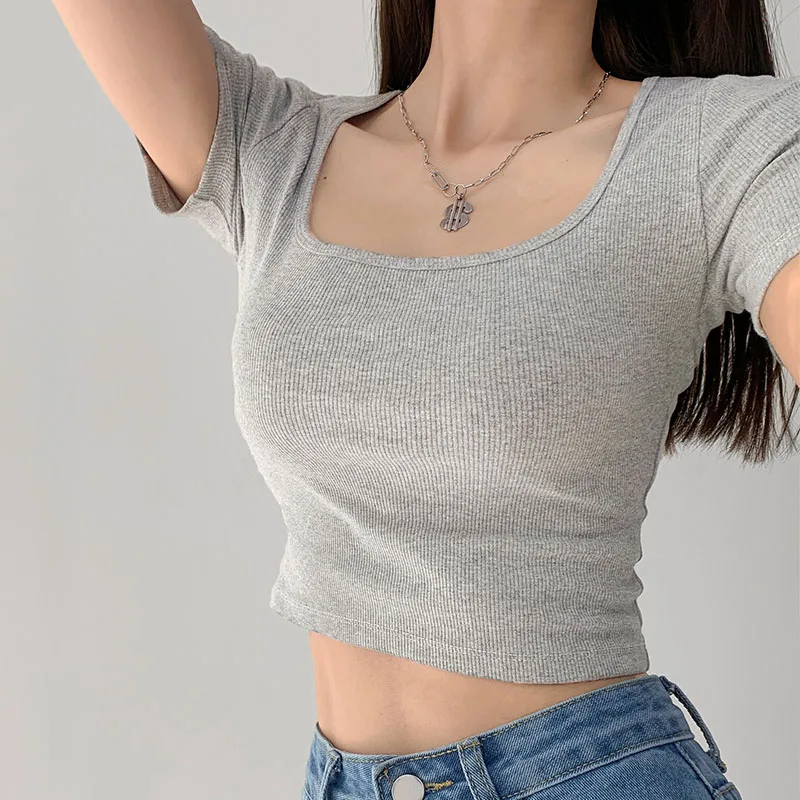 Top corto acanalado para mujer, camiseta de manga corta, top corto, ropa para mujer 2024