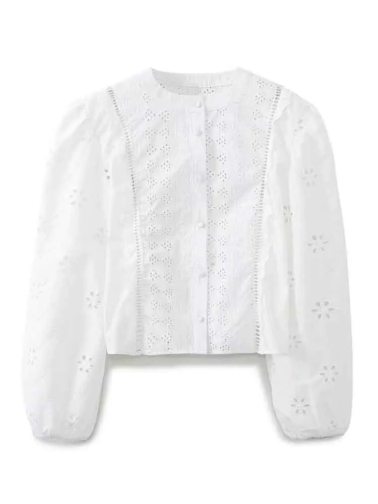 

European style new women's fashion versatile casual sweet white round neck hollow embroidery shirt top