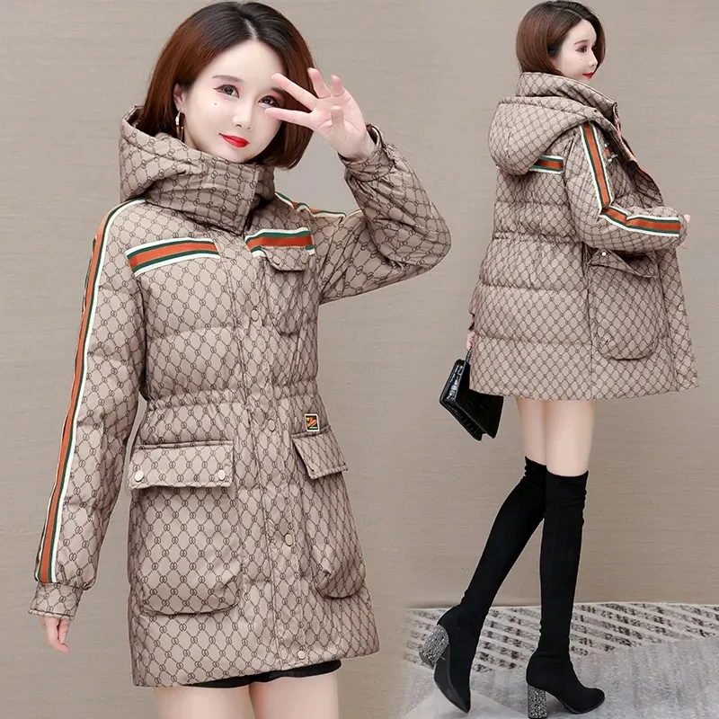 Down Cotton Jacket Womens Long 2023 New Winter Fashion Western Style Thicken Parkas Female Loose Hooded Printing  Padded Coat