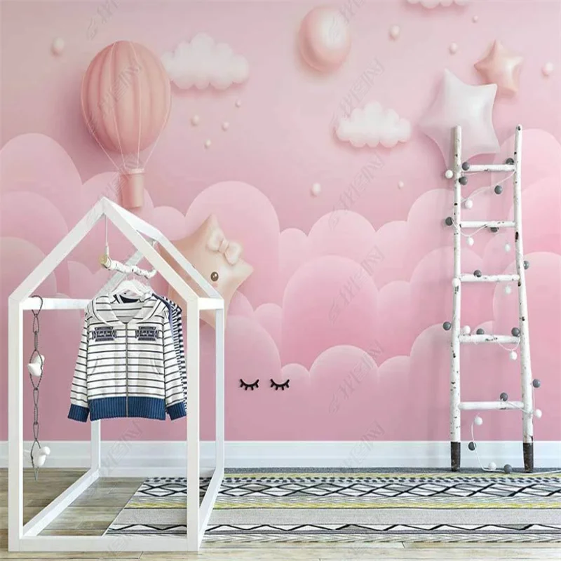 Cartoon Pink Starry Sky Clouds 3d Mural Hot Air Balloon Princess Wallpapers for Girls Room Kids Room