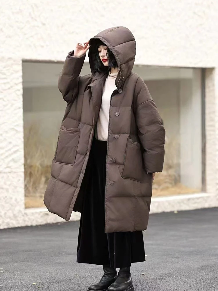 

Winter Knee Length Long Hooded Down Jacket Female Thicken Warm Parker Outwears Women White Duck Down Single Breasted Down Jacket