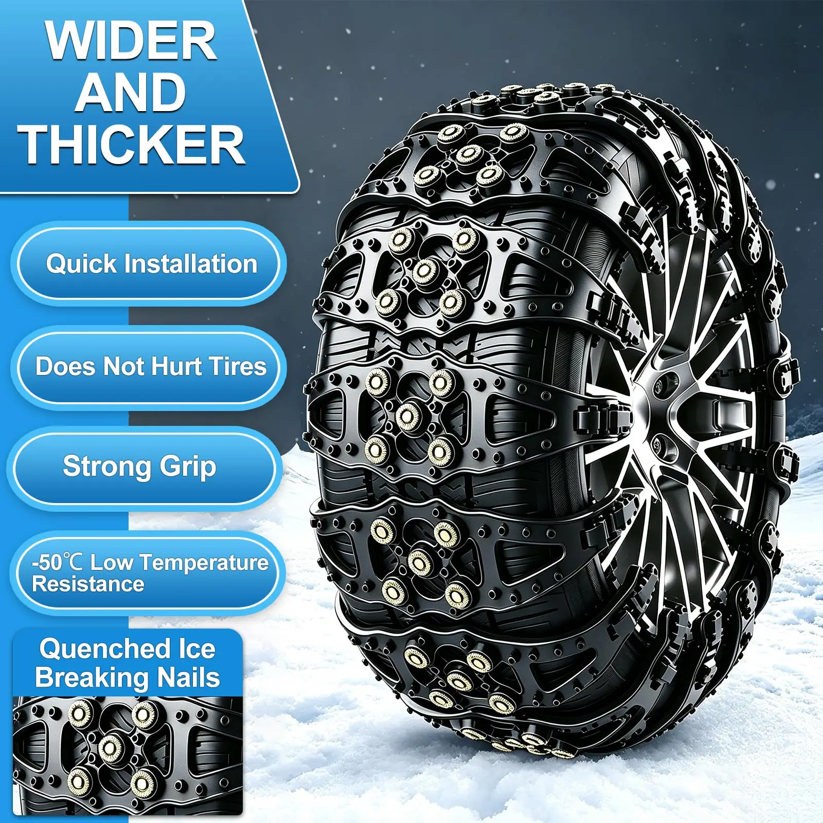 4-Pack Snow Anti-Skid Chains – Emergency Portable TPU Tire Chains for Car, Truck & SUV, Wear-Resistant TPU Anti-Slip Chains