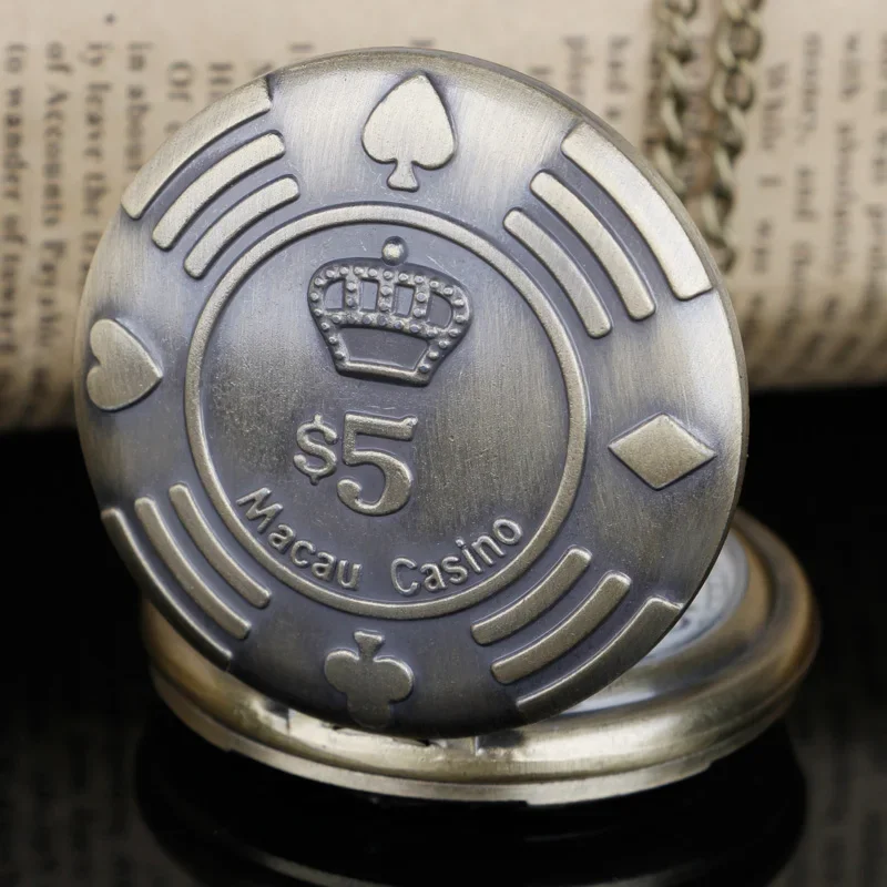 Macau Casino Thema Vintage Brons Quartz Zakhorloge Met Ketting Hanger Voor Mannen En Vrouwen Relojes De Bolsillo