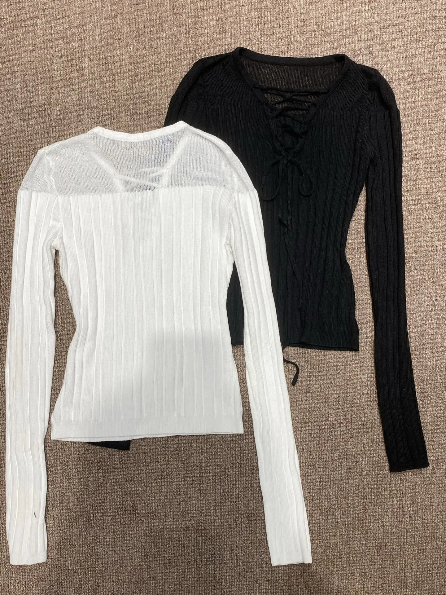 

Women's Slim Fit Knitted Top with Cross Tie Ba Hollow out Large V-Ne Long Sve Spring Faion Breathable Semi-Transparent