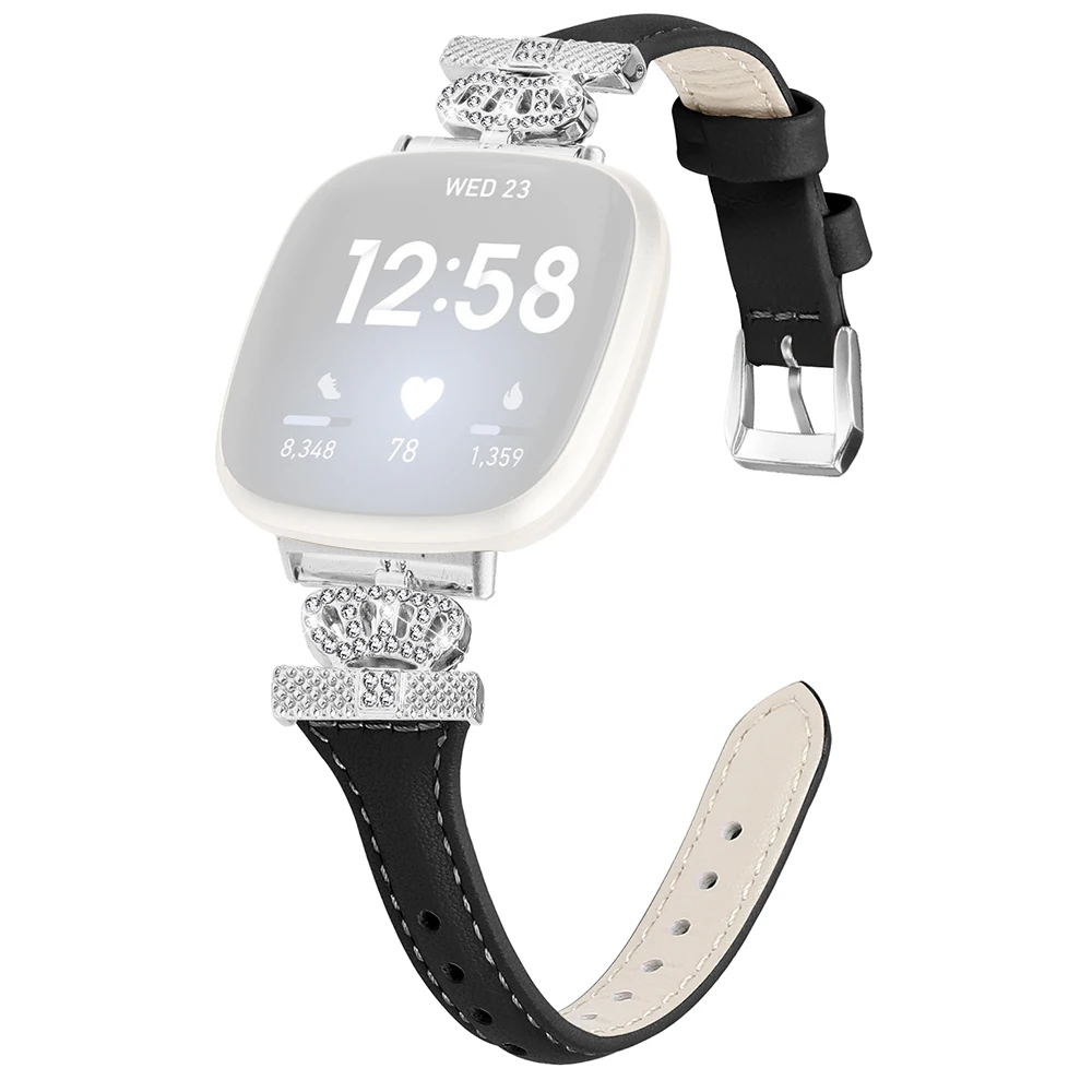 

For Fitbit Versa 3 / 4 / Sense / Sense 2 Silver Buckle Watch Band Crown Genuine Cowhide Leather Strap - Black