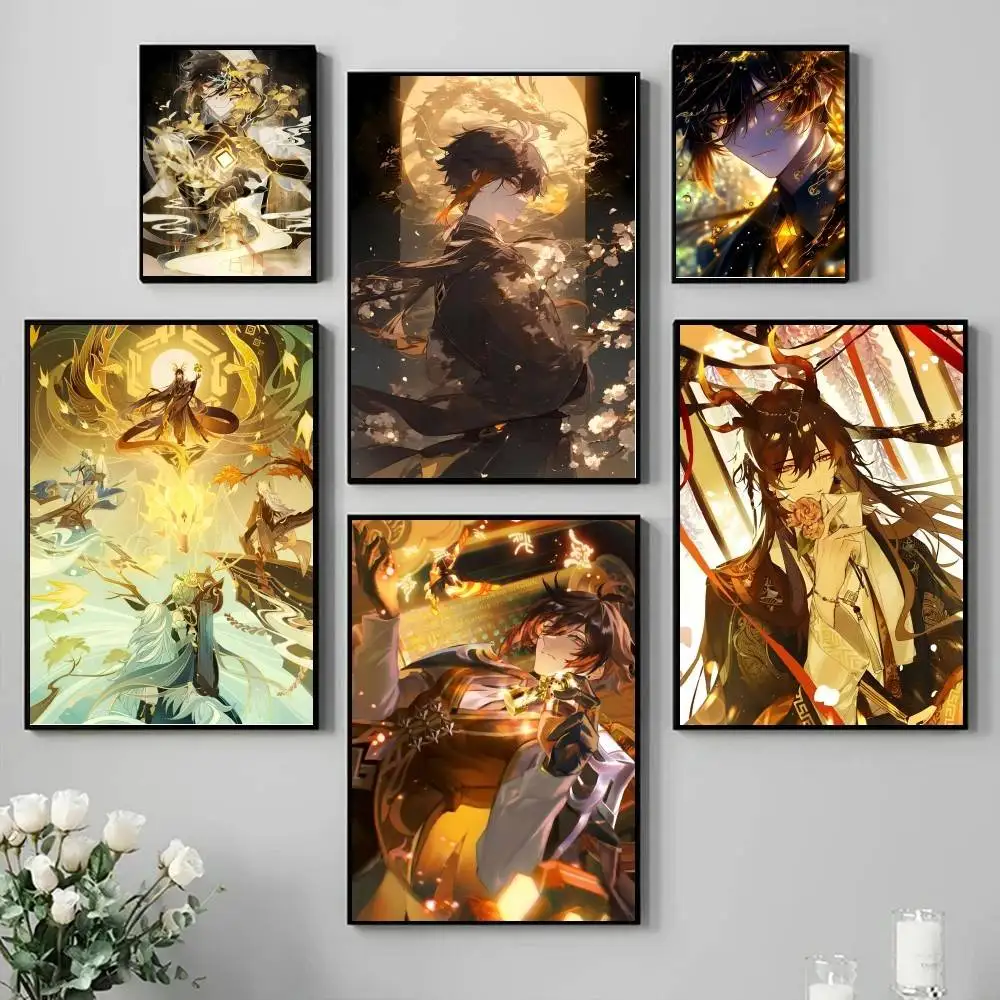 Hot Anime Genshin Impact Morax Zhongli Game Poster Self-adhesive Art Waterproof Paper Sticker Coffee House Bar Room Wall Decor