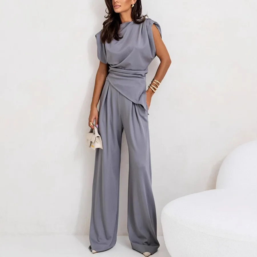 

Spring Summer Fashion Solid Color Two Piece Set Women Round Neck Sleeveless Irregular Top Long Pants Casual Two Piece Set