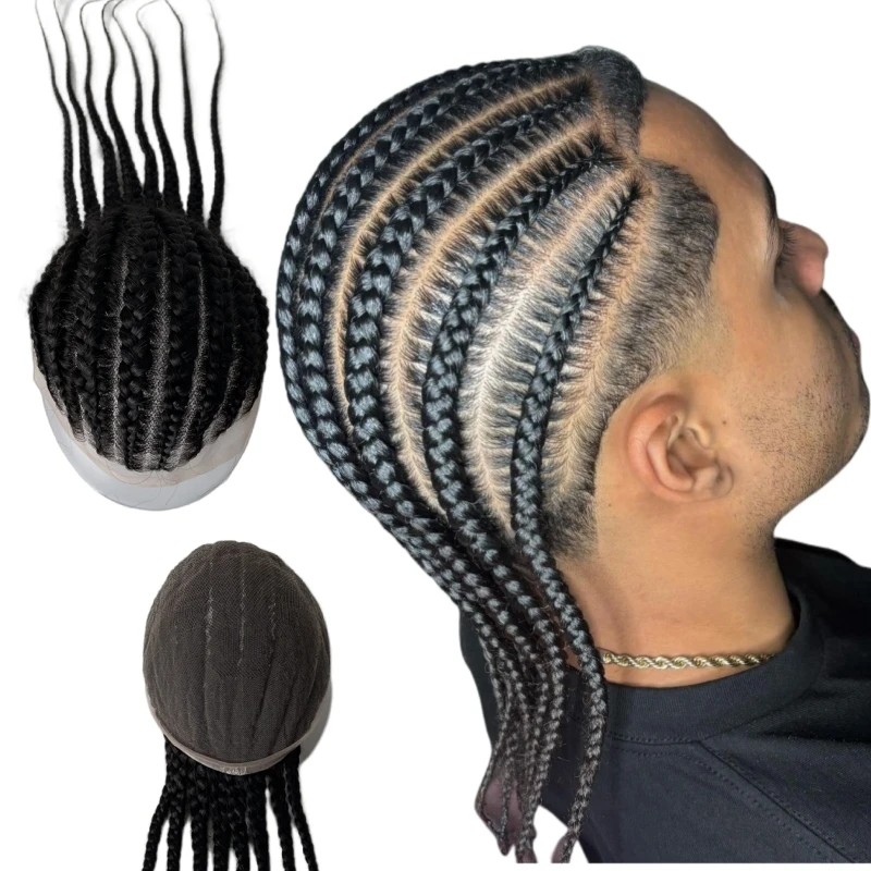 

Системы натуральных человеческих волос 1B # NC Cornrow Braids Toupee 8x10 Полный кружевной блок для модных мужчин