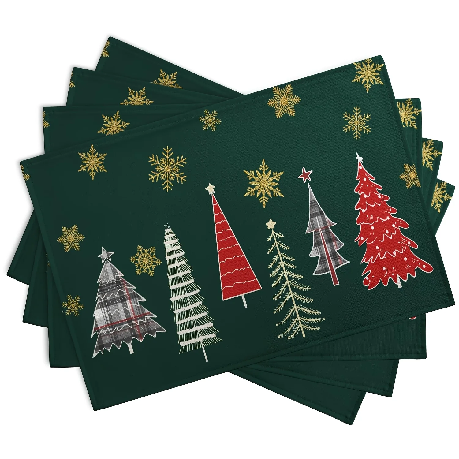 VIKAMA Mantel Individual para árbol de Navidad, impermeable, aislado, fácil de limpiar, verde oscuro, árbol de Navidad, copo de nieve, 4 piezas