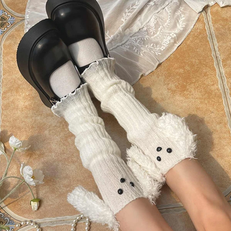 Harajuku Knitted Lolita Leg Warmers Winter Women Leg Cover Gothic Lolita Cute Cartoon Dog Ears Long Socks Foot Leg Cover Cuff