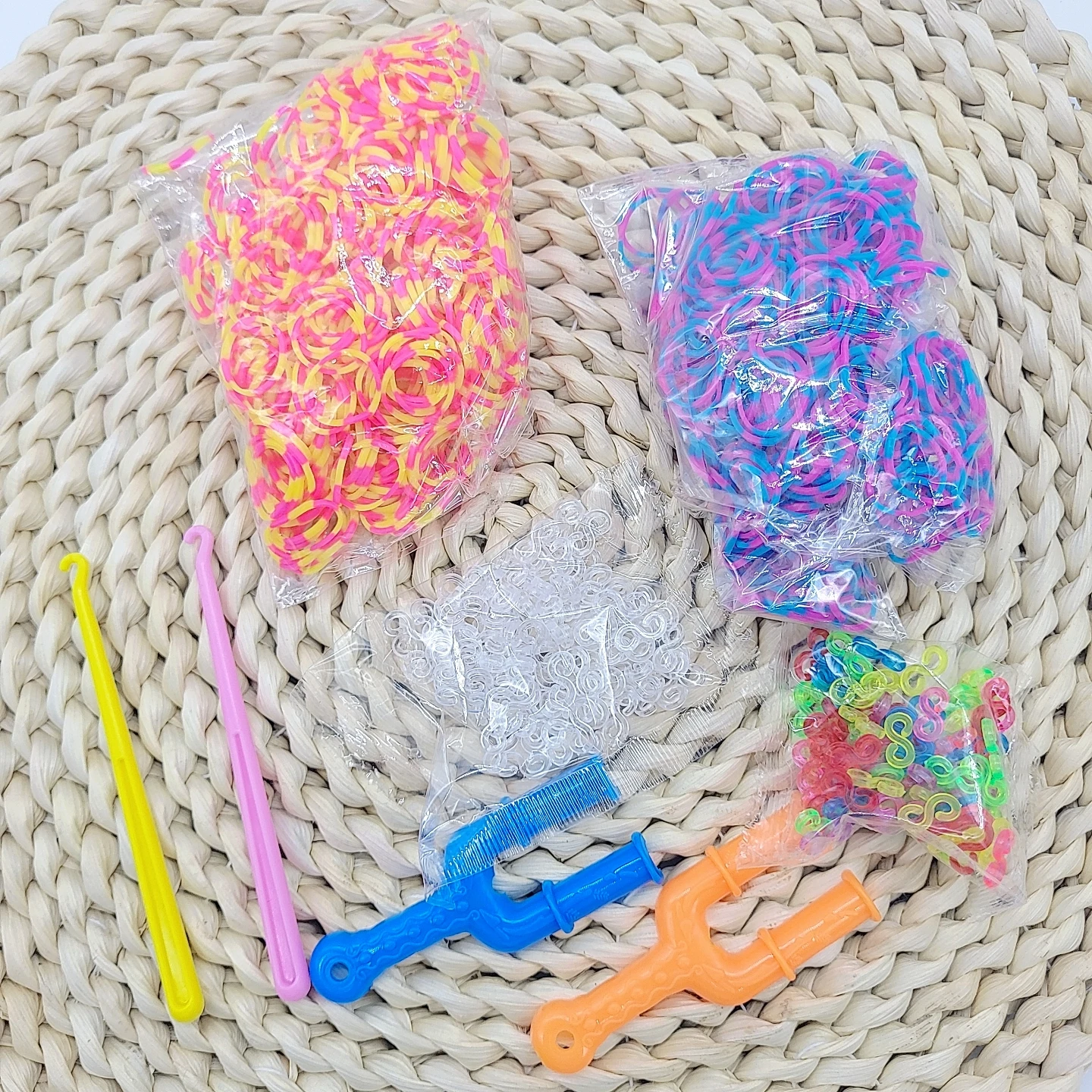 Friendship Bracelet Set, Includes 2 Large Plastic Slingshots, 2 Plastic Crochet Hooks, 100Pcs Transparent S-Clips, 100Pcs Colorful S-Clips, 450Pcs Pink and Blue Rubber Bands, 450Pcs Pink and Yellow Rubber Bands, DIY Friendship Bracelet Making Kit, Crafts, Halloween and Christmas Party Supplies, Perfect Small Gifts view 3