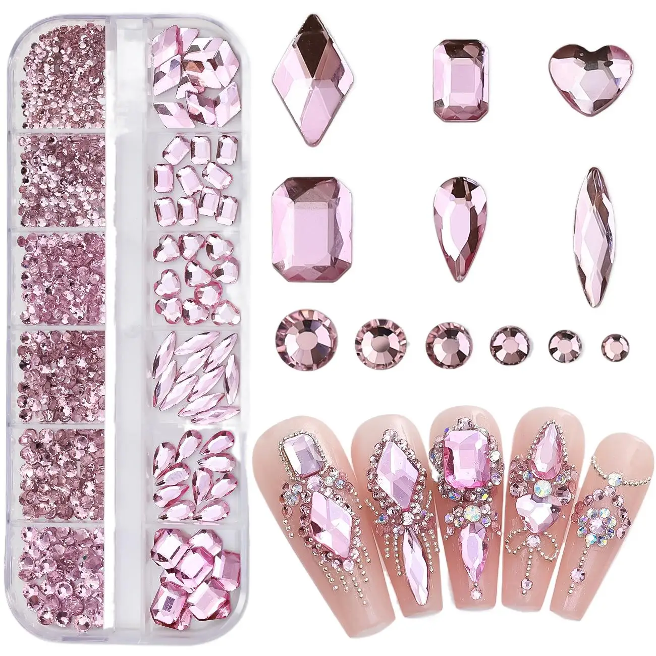 12 Grids Sparkle Translúcido Colorido Mix Formas Flatback Vidro Diamantes Nail Art Strass Jewel Decorações Manicure Encantos