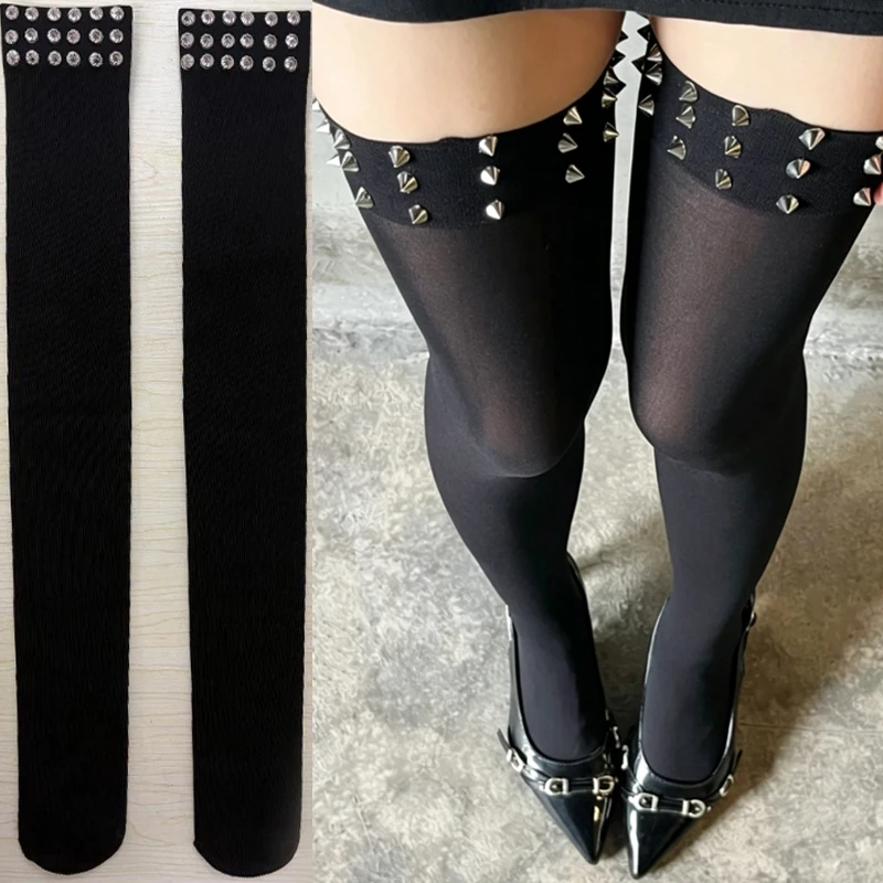 Sexy Punk Style Black Stockings with Rivets Long Tube Socks