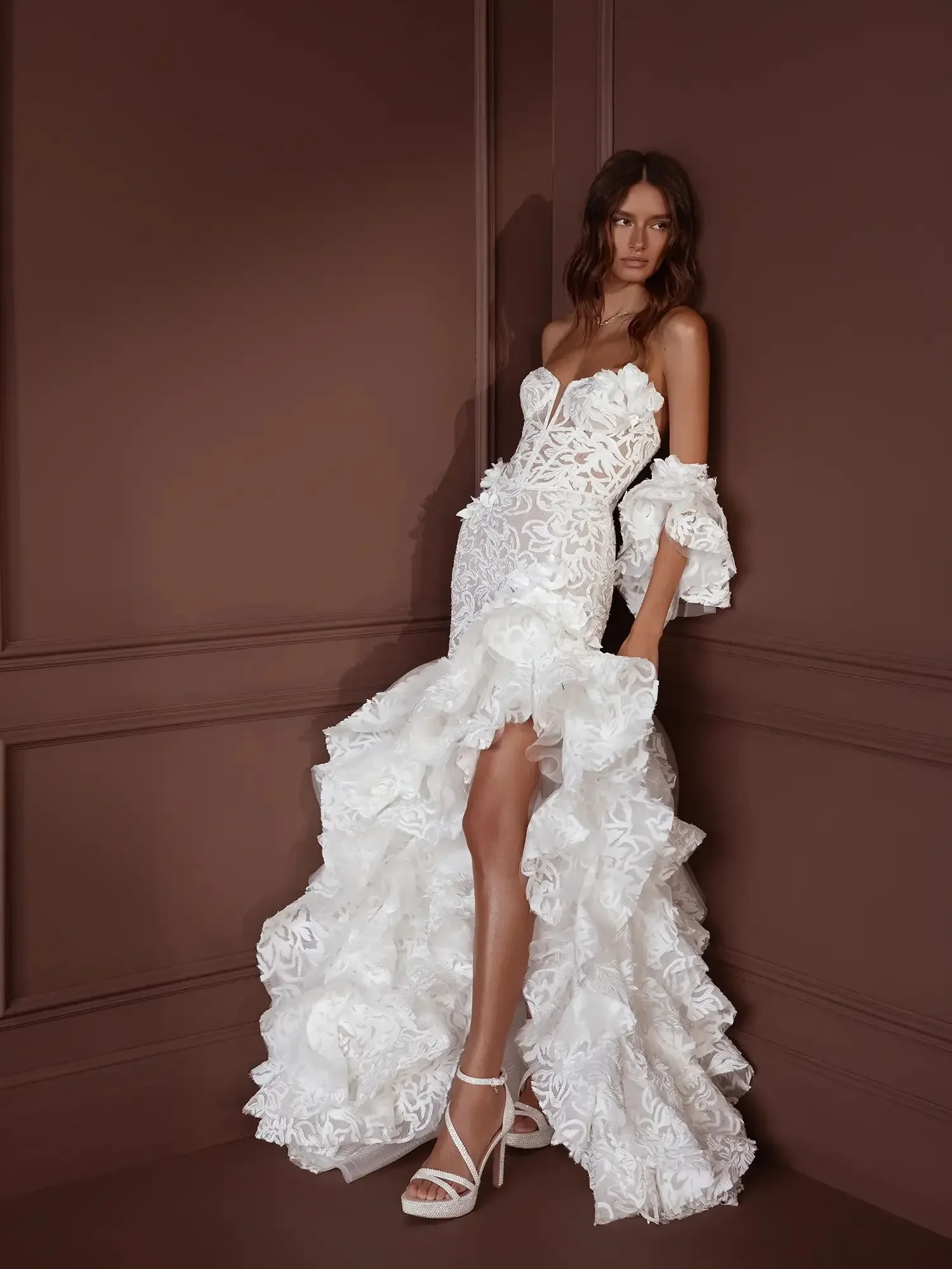 Elegant Mermaid 3D Lace Decal Women's Wedding Dress Sexy V-Neck Backless Split Party Bridal Gown Vestido de Novia Customized
