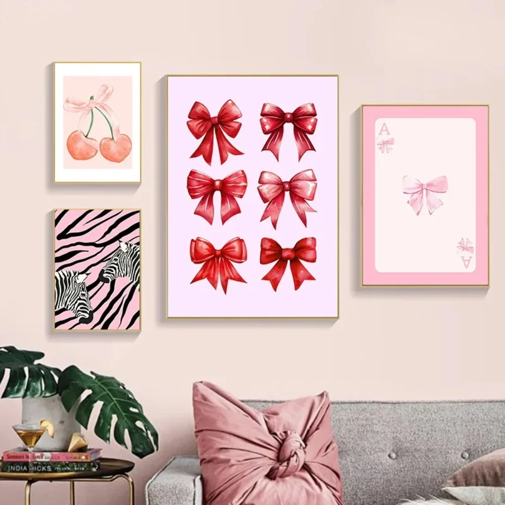 1PC frameless decorative art print,Pink Bows Canvas Painting Wall Art Cherry Disco Ball Zebra Poster Preppy Girl Room Home Decor - view 4