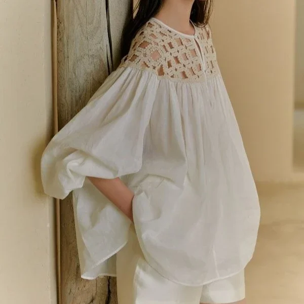 Vintage Lantern Sleeve French Shirt, Heavily Crafted with Hollow Out Handmade Crochet Top, Loose Shirt for Summer