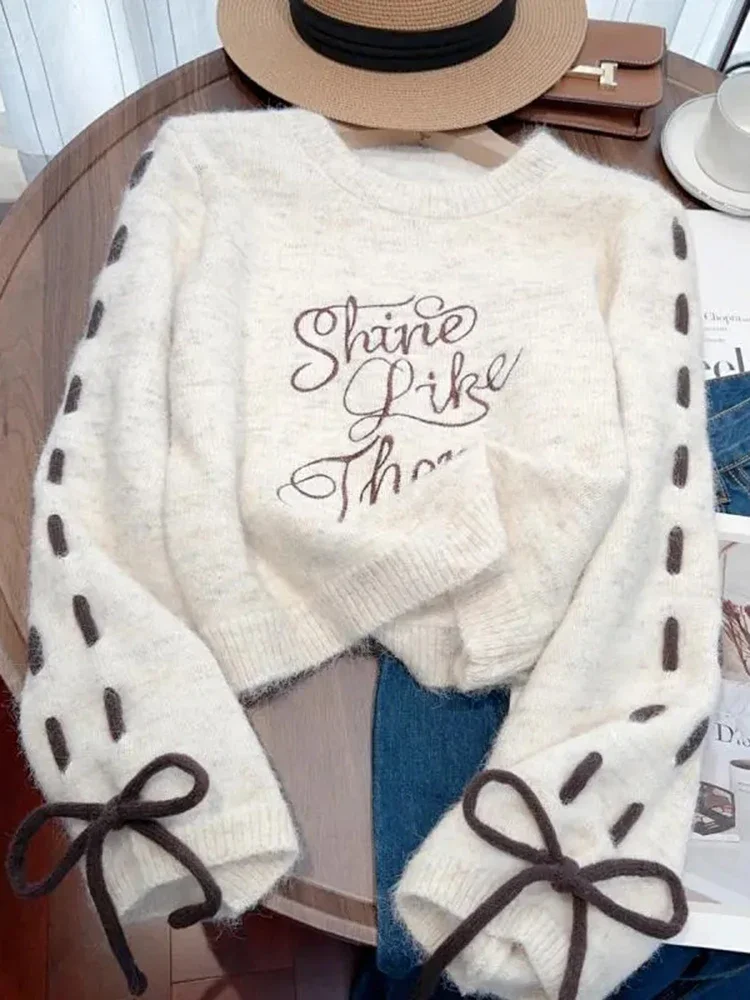 

Zoki Bow Lace Up Knitted Sweaters Women Letter Long Sleeve Sweet Pullovers Preppy Style Casual O Neck Japan Fall Winter Jumpers