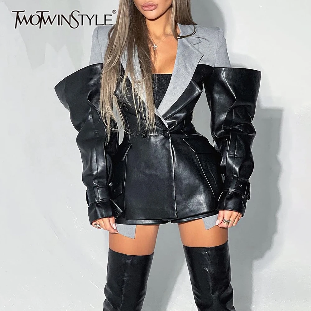 

TWOTWINSTYLE хит цвета для похудения сращенные нишевые куртки из искусственной кожи для женщин модная куртка с лацканами и длинными рукавами женская осенняя новинка