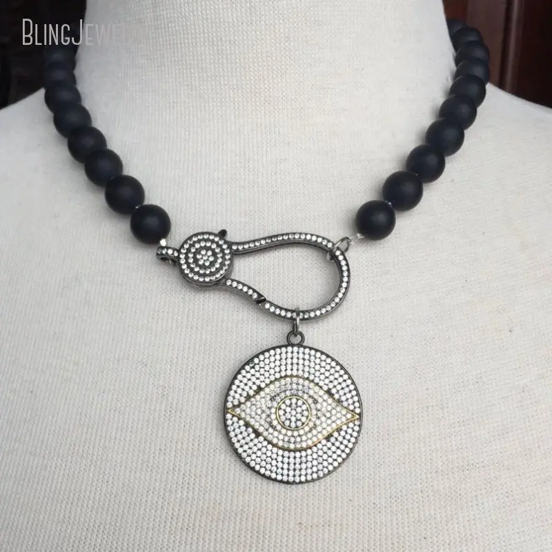 10pcs Matte Black Onyx Gold Color Evil Eye Disc Pendant Necklace Crystal Gunmetal Clasp Choker Women Collares Jewelry