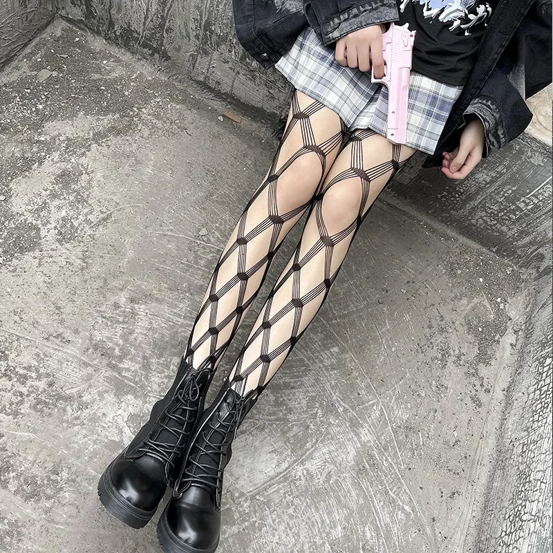 Lolita JK Girls Streetwear Mesh Stockings Long Socks Women's Five-line Rhombic Grid See-through Sexy Fishnet Tights Lingerie