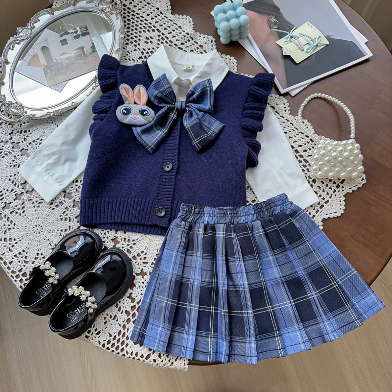 

Children's Outfit Dress New Spring and Autumn Girls' Fashion Cute Little Bunny Knitted Vest Sweater Shirt Three-Piece Set