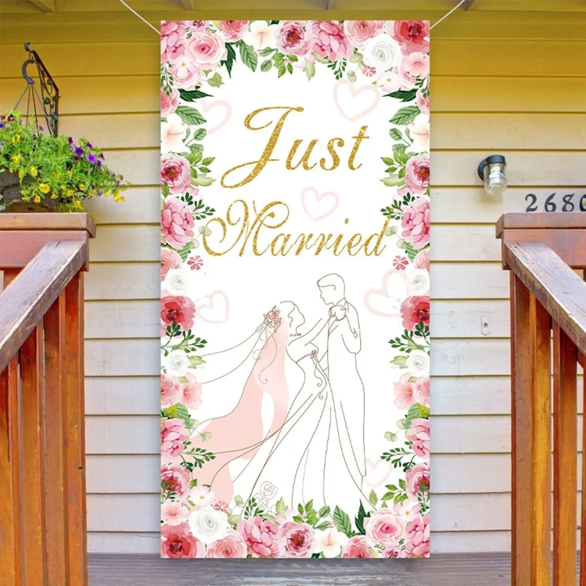 2D الباب راية Just Married غطاء باب الزفاف مع 70.8 ''X35.4'' الأزهار الزفاف دش معلقة راية حفل زفاف الديكور #4