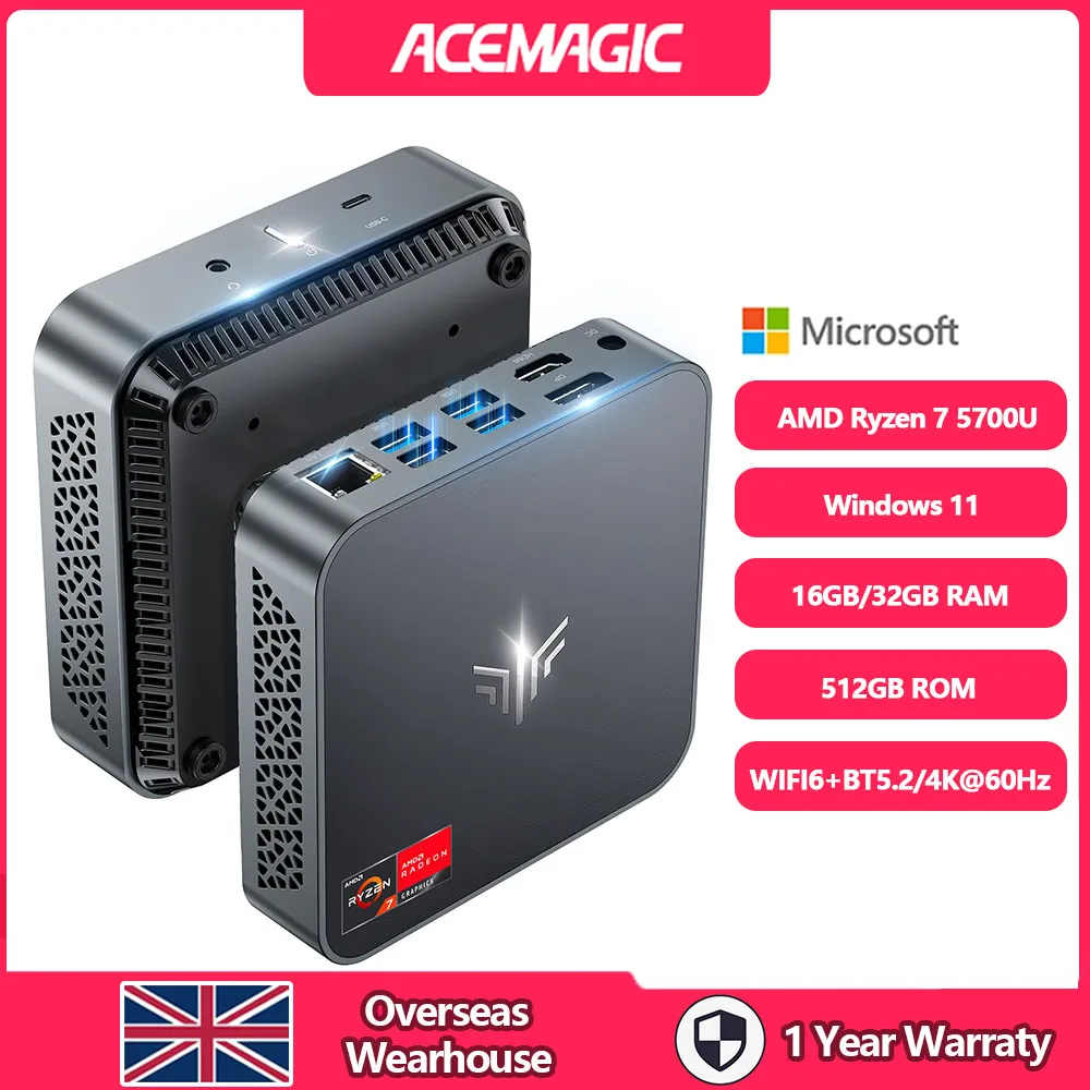 ACEMAGIC Mini PC AMD Ryzen 7 5700U(up to 4.3GHz, 8C/16T)16GB RAM 512GB SSD Mini Desktop Computer Wifi 6/BT5.2/DP+HDMI/USB-C