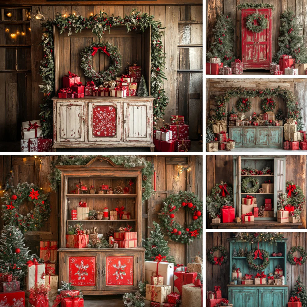 

Vintage Christmas Cabinet Photography Backdrop Xmas Trees Wreath Gifts Festive Decoration Family Portrait Background
