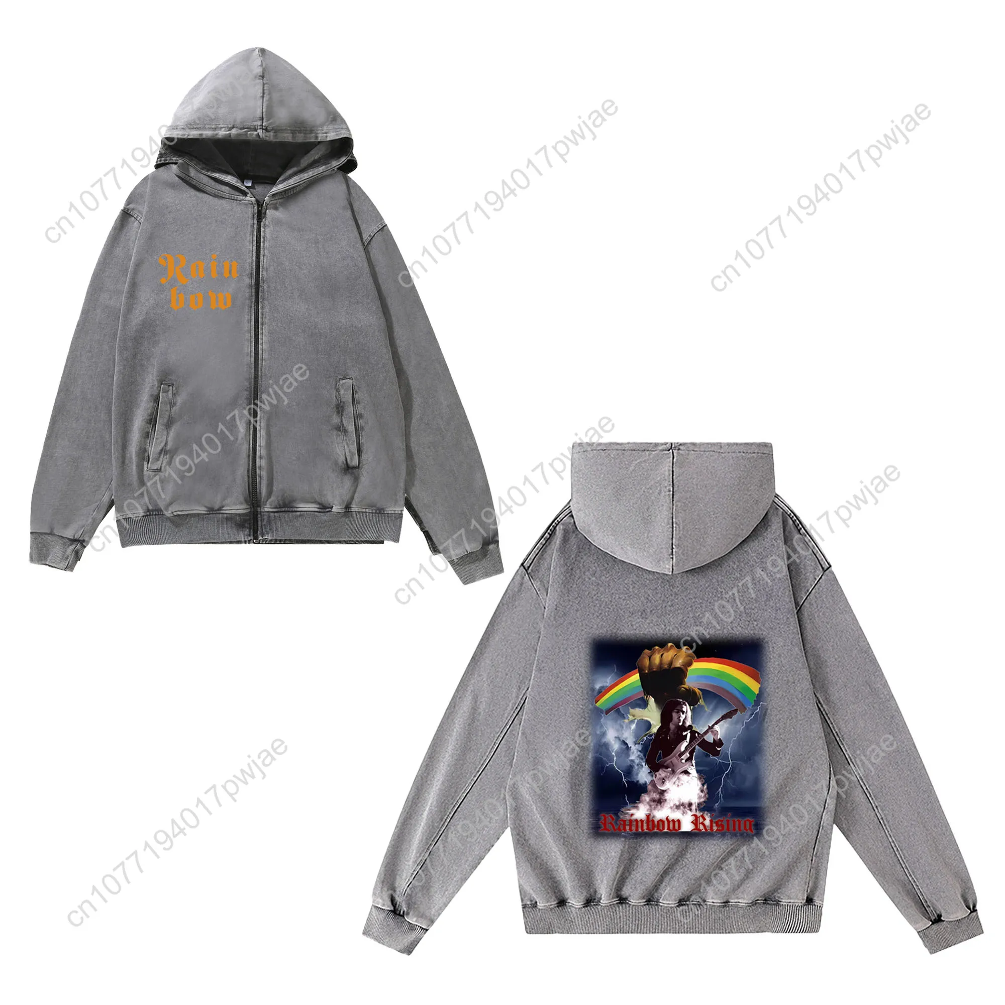 Felpa con cerniera Rainbow Rising Rock Band Uomo Donna Felpe con cappuccio vintage Felpa con tasca Giacca personalizzata con zip intera