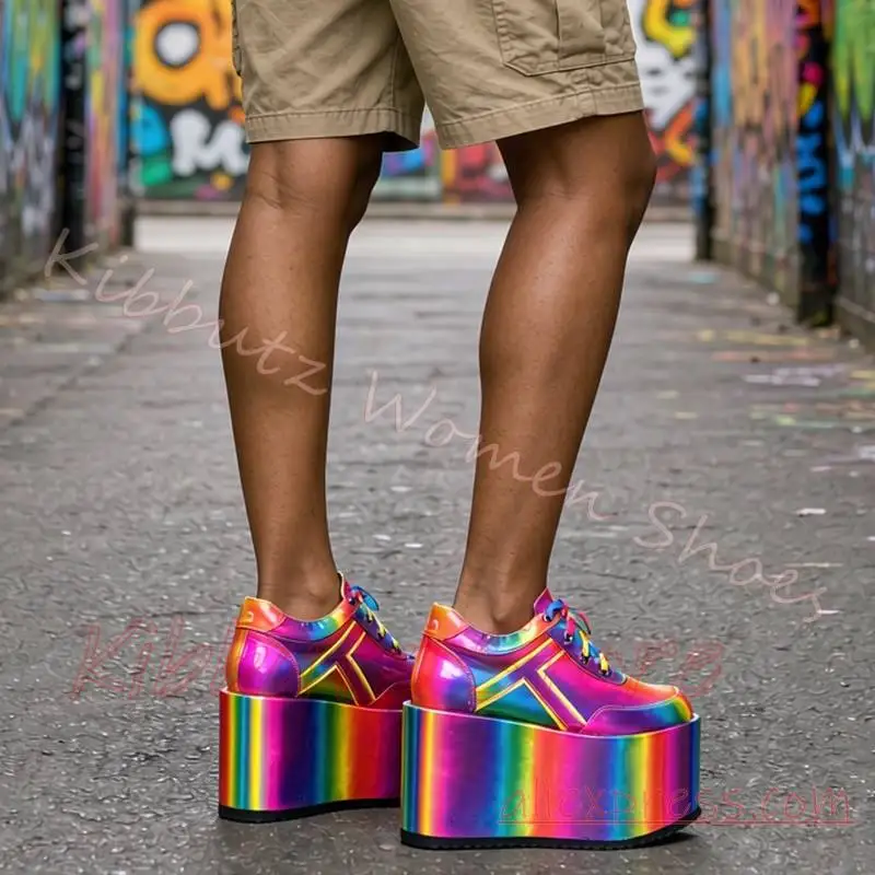 Rainbow Platform Lace Up Sneaker Height Increasing Alt Fashion Stage Performance Womens Punk Streetwear Footwear Mixed Color New
