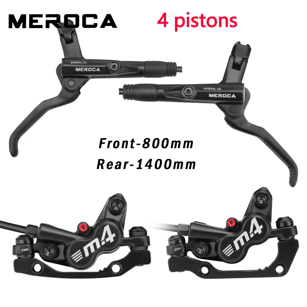 MEROCA  hydraulic 4 piston bicycle brake caliper Front-800mm/Rear-1400mm MTB bicycle Hydraulic 160mm Disc Brake Bike Accessories