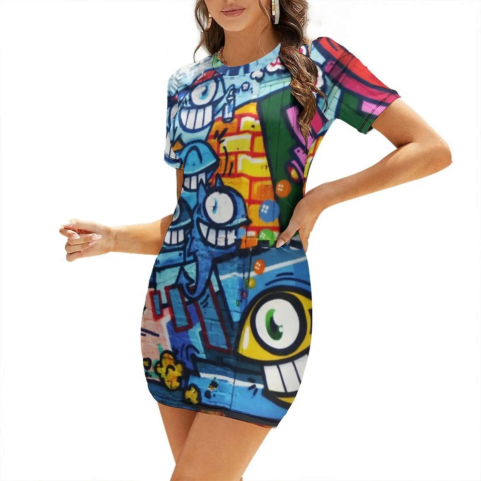 

Graffiti Urban colorful graffiti city wall comical cartoon fishes with big eyes doing graffitis Short Sleeved Dress luxury dress