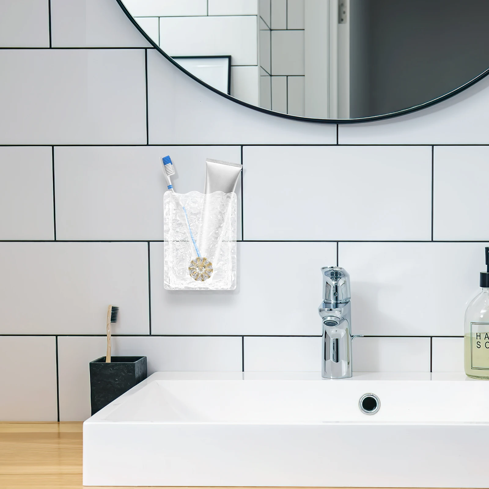 

No Drill Acrylic Toothbrush Holder Bathroom Organizer Shower Mounted Drip Dry Ventilation Shower Shelf for Mirror No