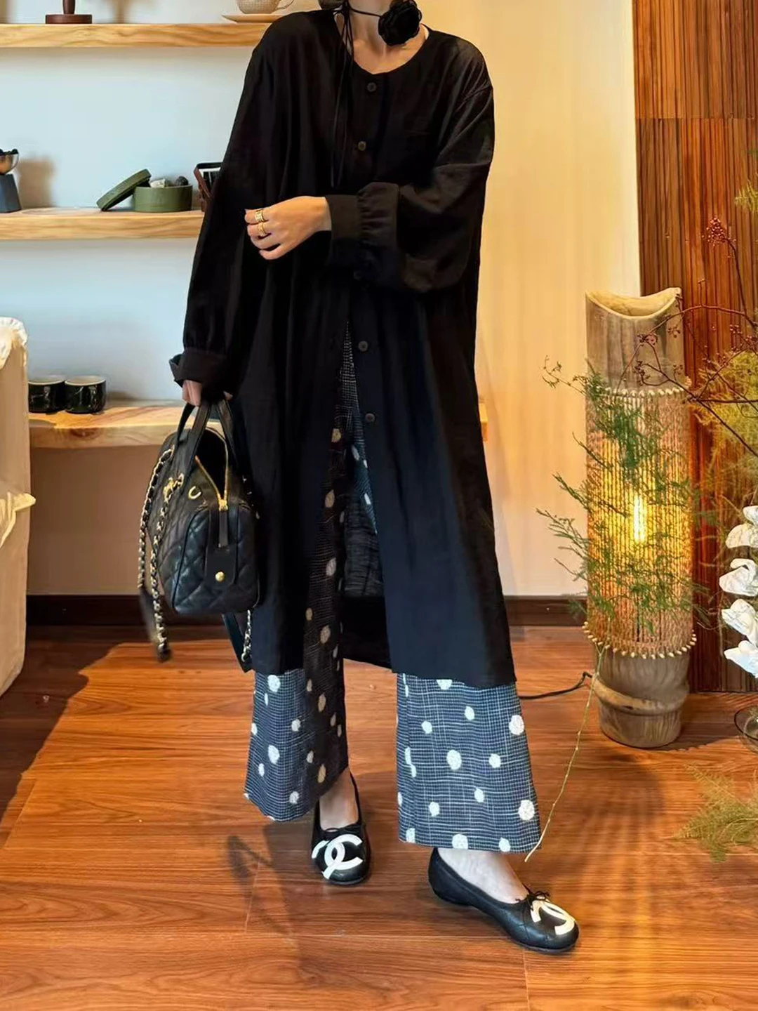 Ele Bla Long Sve irt Dr レディース ルーズ カジュアル スリミング 秋 アウター トップス ボタンアップ ミッドレングス ヴィンテージ スレ