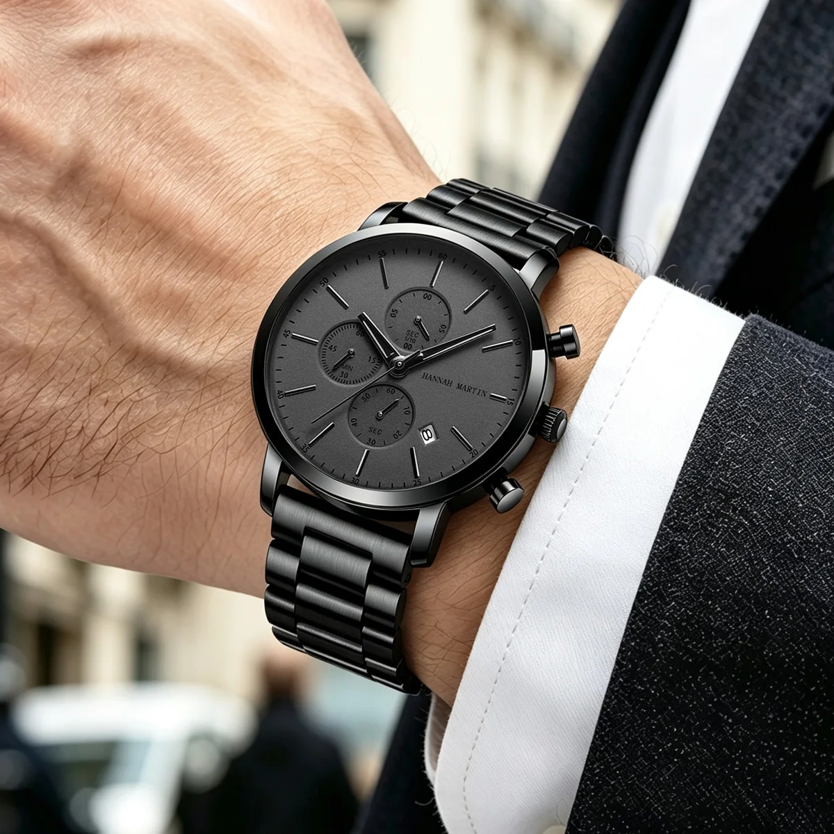 Reloj HANNAH MARTIN de marca superior para hombre, reloj de cuarzo multifuncional deportivo resistente al agua a la moda de acero inoxidable negro, reloj Masculino