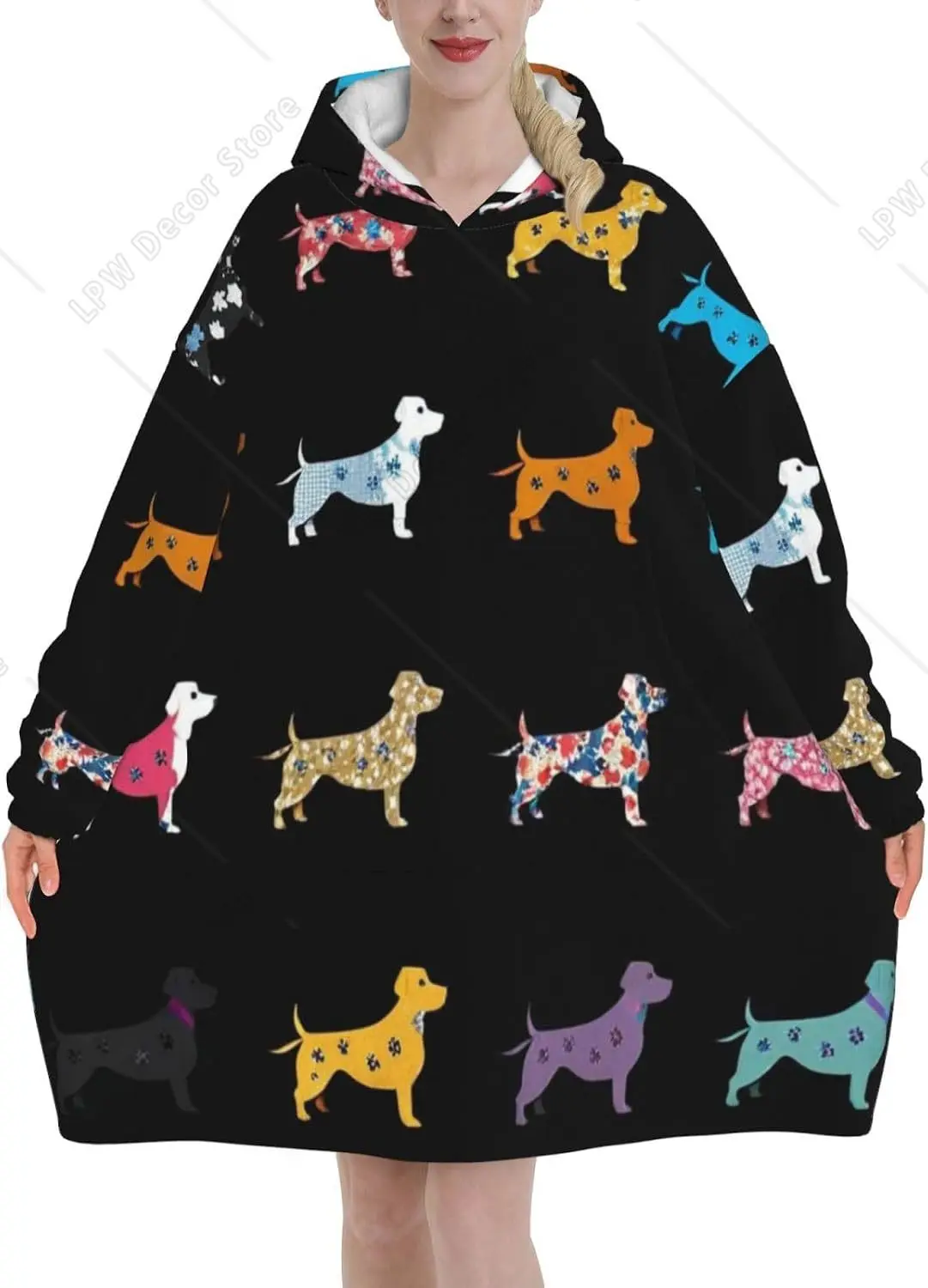 Funny Dachshund Dog Wearable Blanket Hoodie Decorative Dogs Oversized Sweatshirt Blanket Cozy Warm Sherpa Hooded Blanket