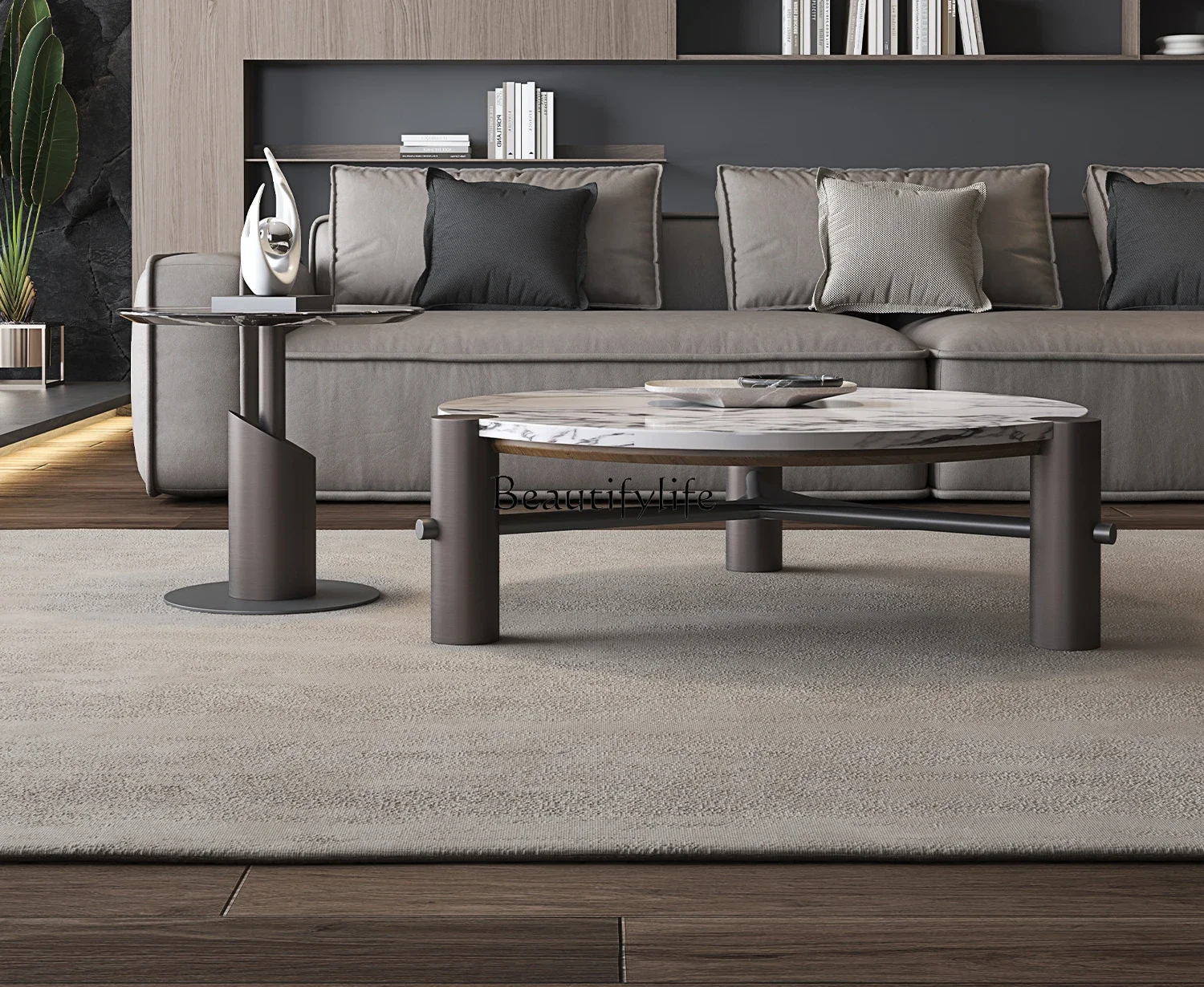 

ld 38 Italian minimalist round marble coffee table household coffee table high and low combination