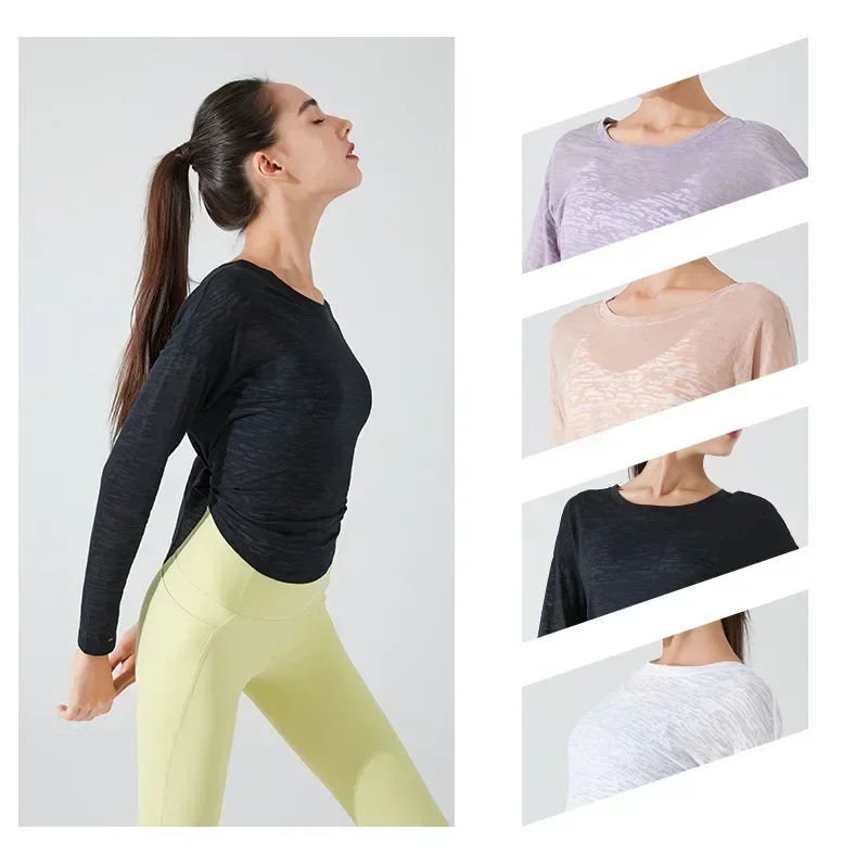 Stown Sportswear Woman Gym 2022 New See-through Yoga Top Female Long-sleeved Fitness Pilates Blouse Loose Sports Shirts Women image 4