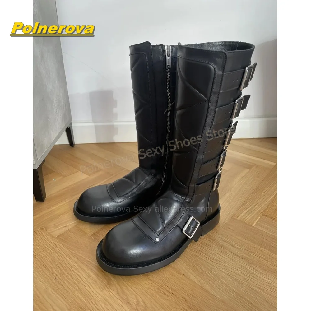 Gothic Platform Multi Buckle Mid Calf Boots Round Toe Chunky Heels Side Zipper Dark Casual Daily Wear Fashion Shoes 2026 Trend