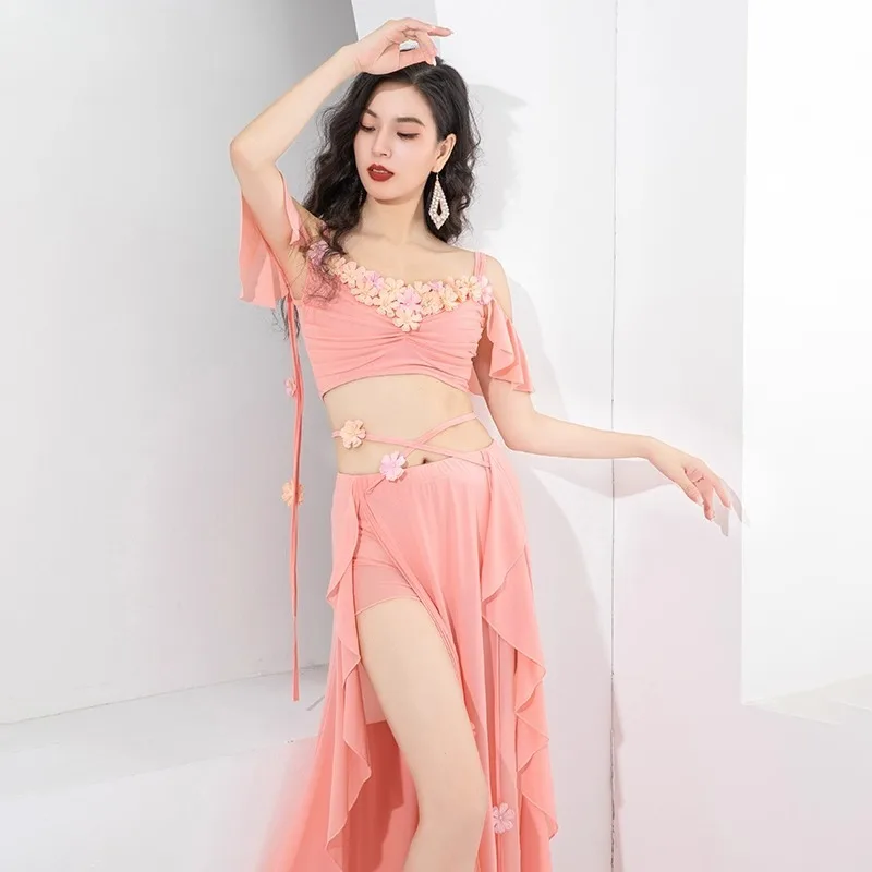 

Customized Women Bellydance Costumes Petal Design Mesh Practice Suit Set Eastern Dance Costume Top and Skirt 2Pcs