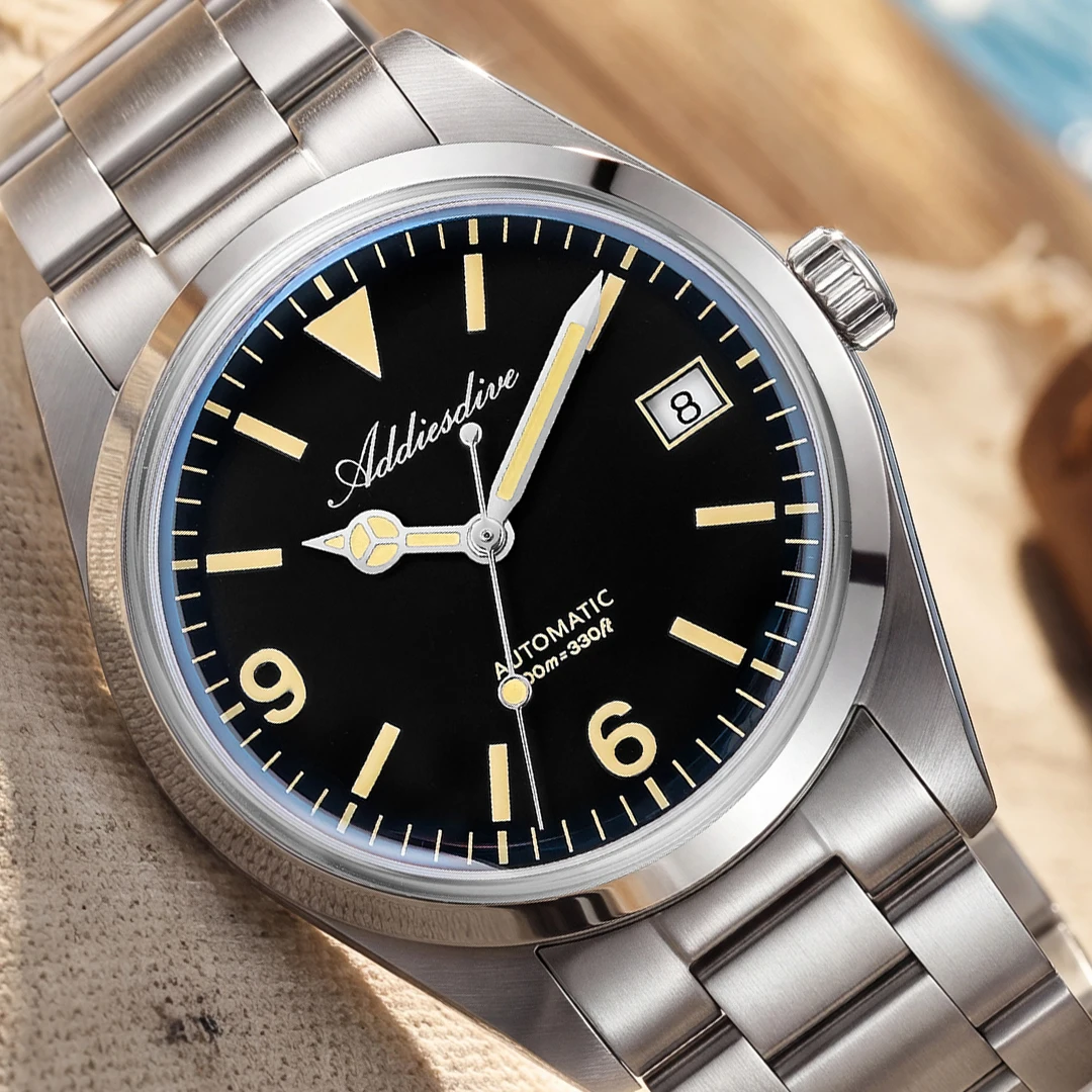 ADDIESDIVE Mens Mechanical Watch 36mm Vintage Explorer Watch ST2130 Automatic Movement Sapphire Glass Blue AR Coating BGW9 Lume