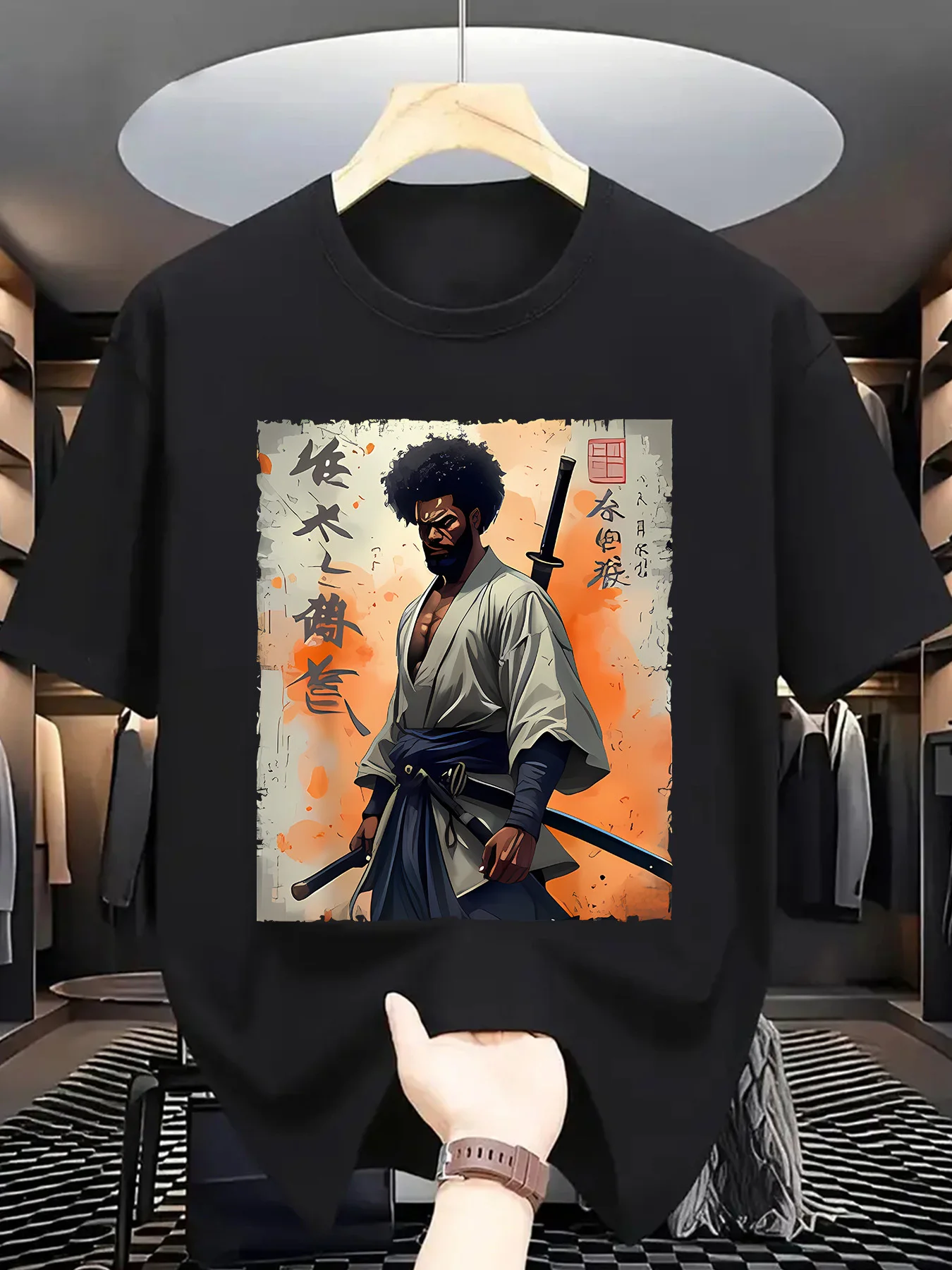 Camiseta negra Samurai con cuello redondo para hombre, diseño de Guerrero Ronin Afro, caligrafía japonesa, arte vintage, gráfico, manga corta, informal, estilo urbano