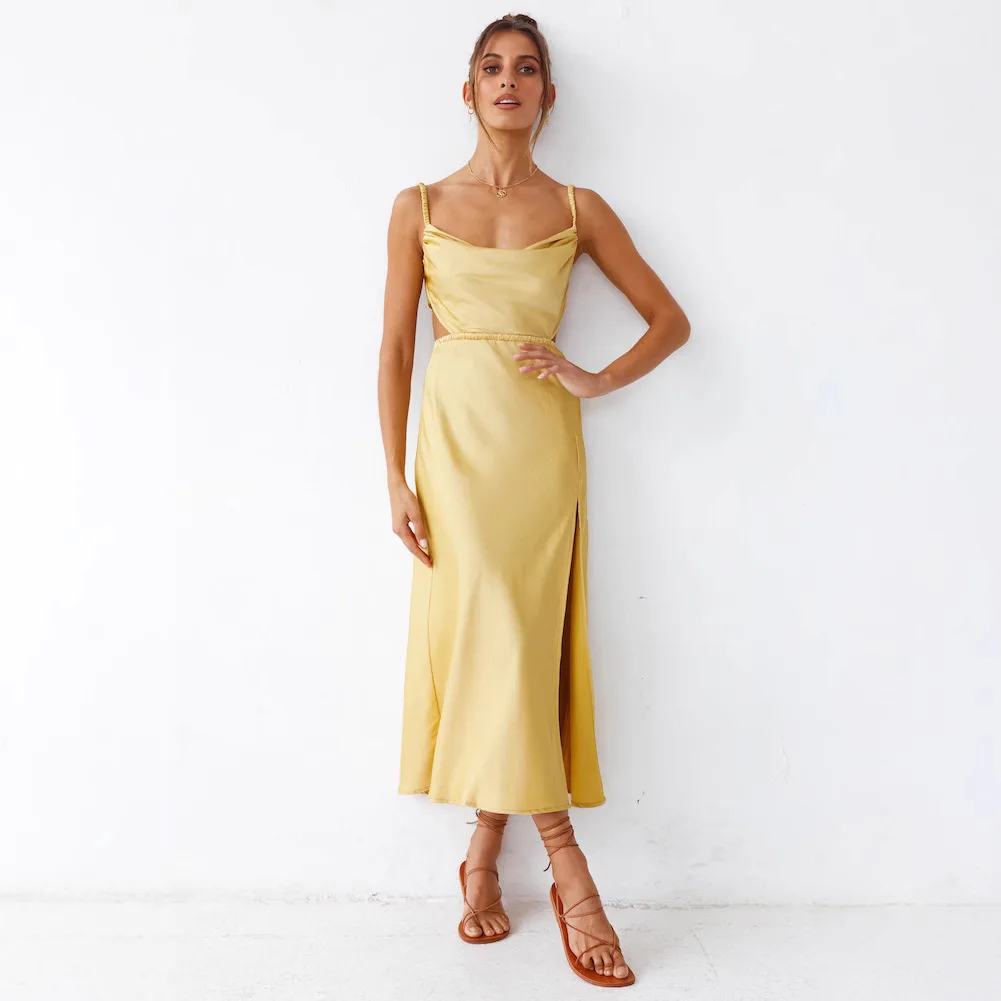 

25 Year Spring/Summer New Backless Style Commuting Hem Split Double-Layer Suspender Dress 8732