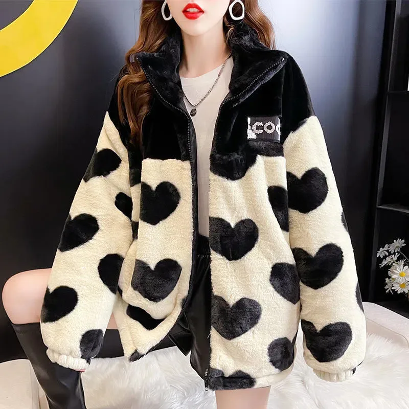 Add Cotton Black Furs Overcoat Lambswool Imitation Rabbit Fur Coat New Autumn Winter Coats Outerwear Fashion Padded Jackets