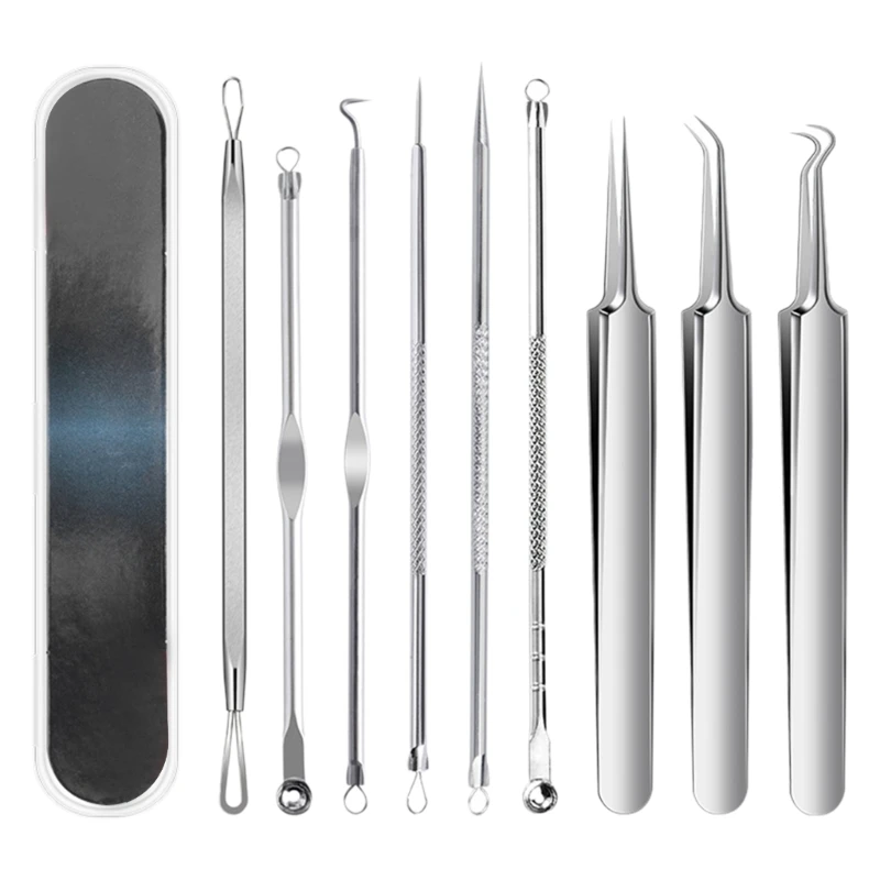 9pcs Stainless Steel Black Head Remove Pimple Tool Set Blackhead Remover Tool Comedone Squeezer Set Easy to Use E0BD