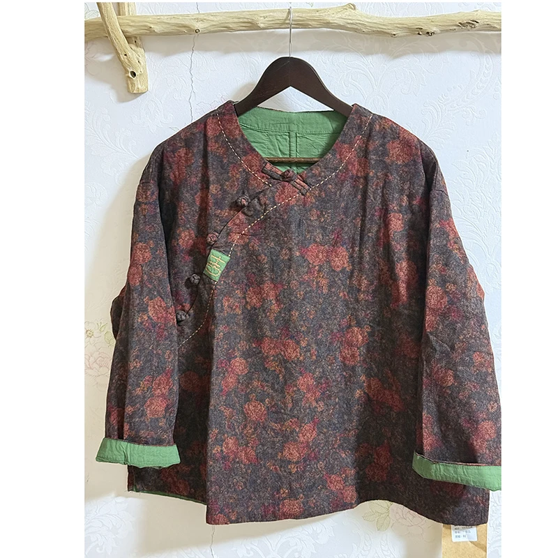 New Autumn/winter Women Casual Loose Vintage Floral Double Layer Cotton Linen Jackets O-neck Long Sleeve Outerwear & Coats L144